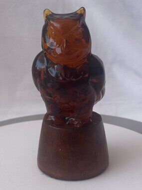 Amber Glass Owl Figurine Caramel Wooden Base Paper Weight Decor Rare